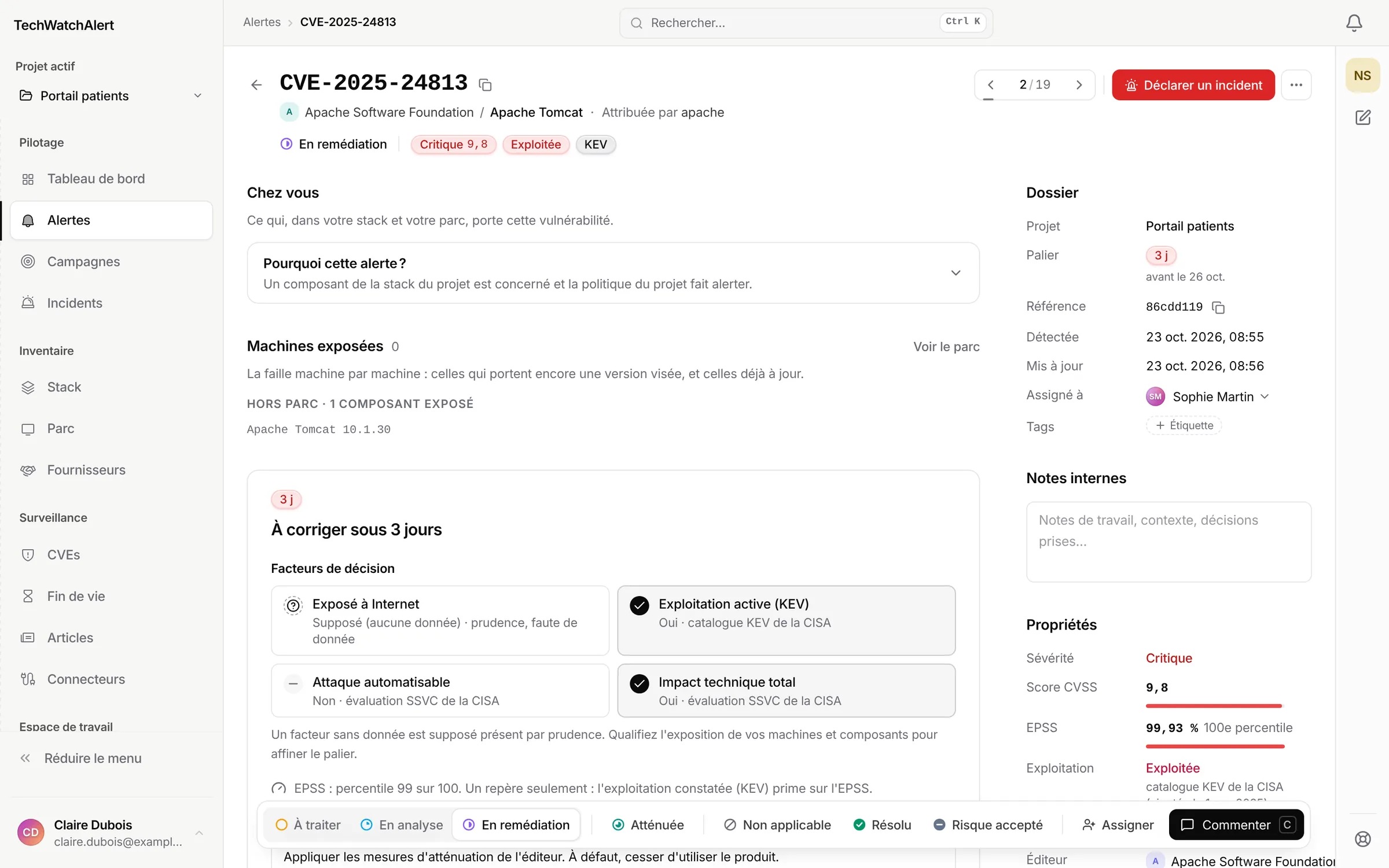Fiche de la CVE-2025-24813 : à corriger sous 3 jours, facteurs de décision, assignée à Sophie Martin