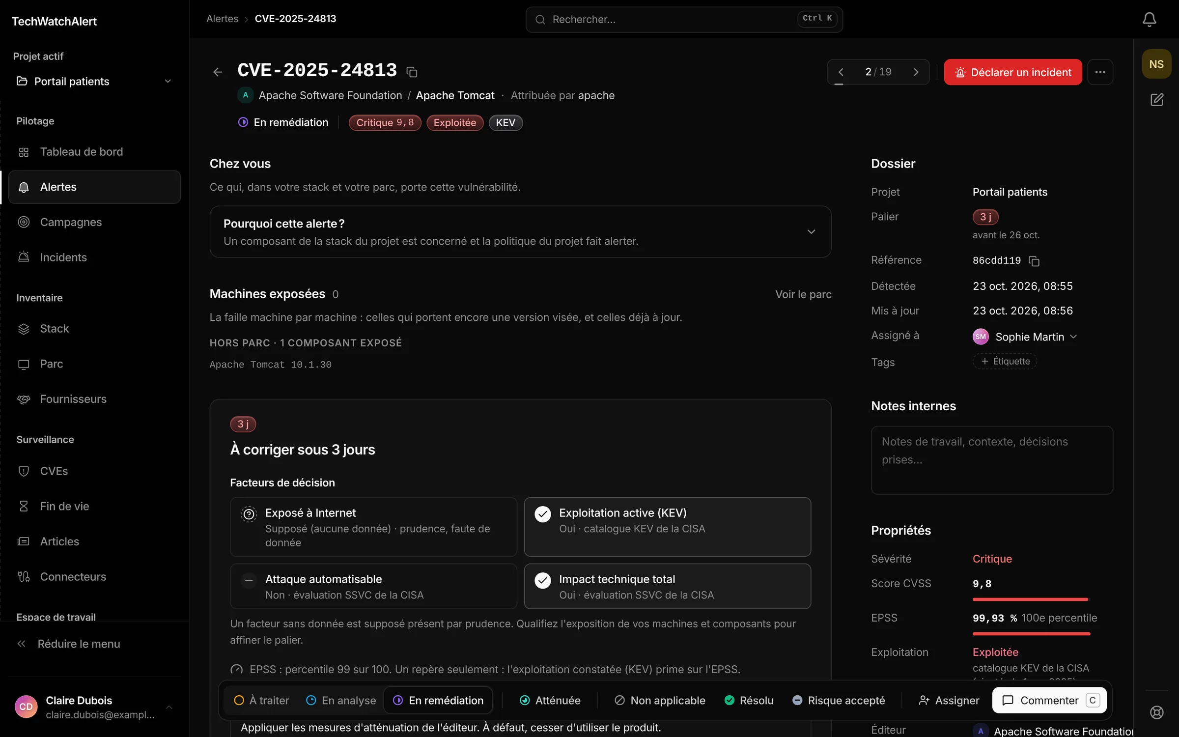 Fiche de la CVE-2025-24813 : à corriger sous 3 jours, facteurs de décision, assignée à Sophie Martin