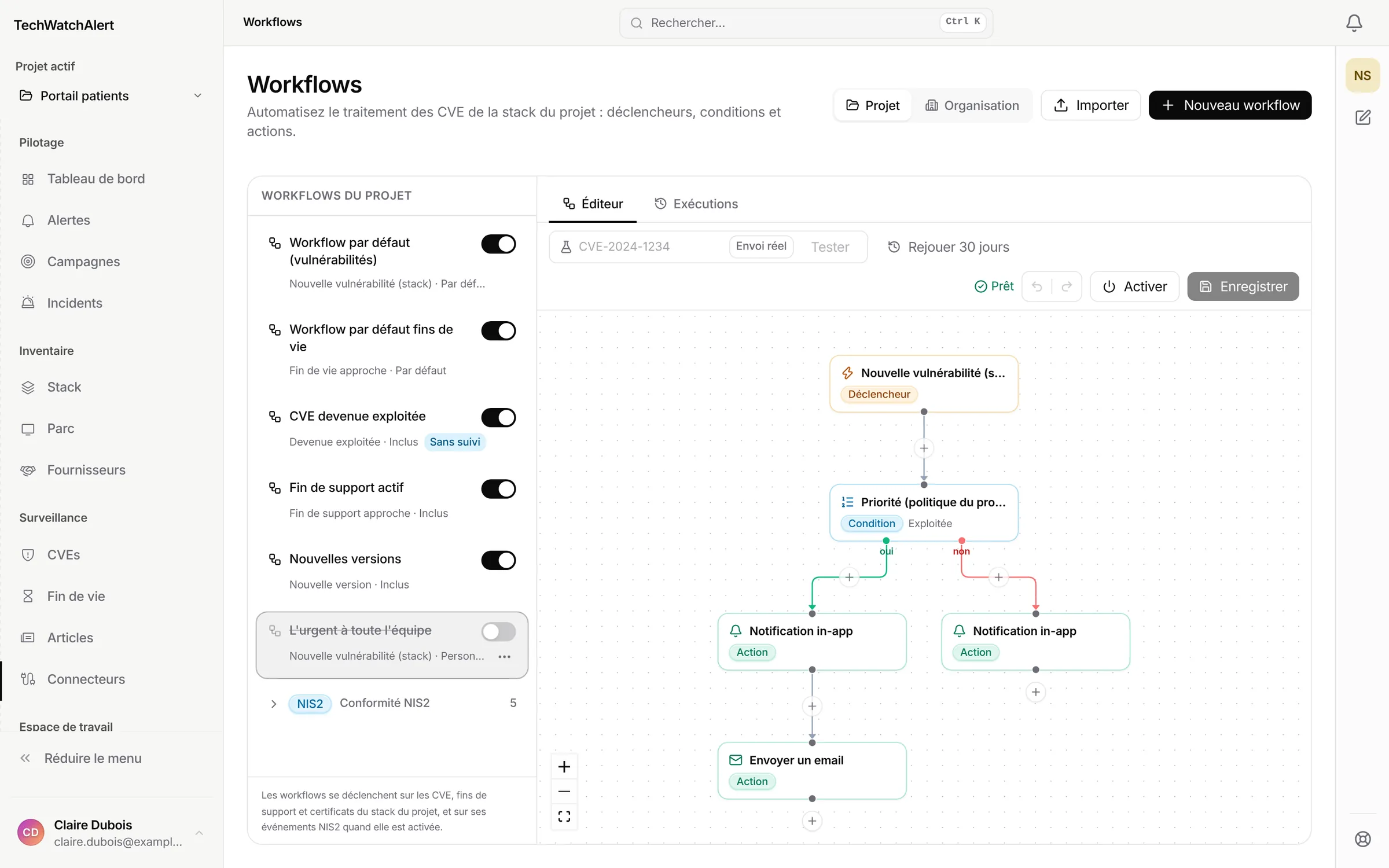 Éditeur de workflow : nouvelle vulnérabilité, condition de priorité, notifications