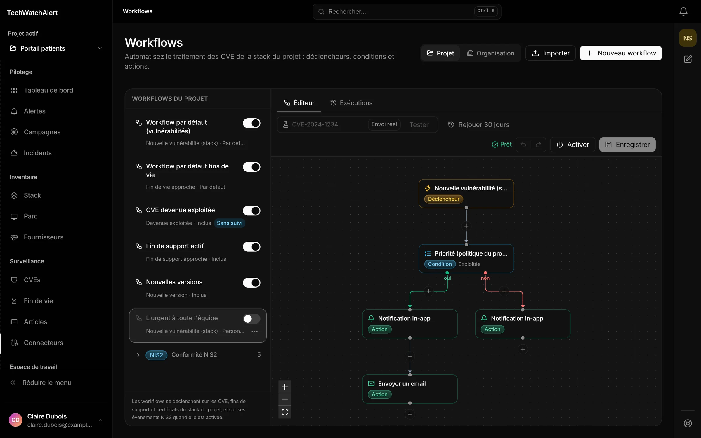 Éditeur de workflow : nouvelle vulnérabilité, condition de priorité, notifications